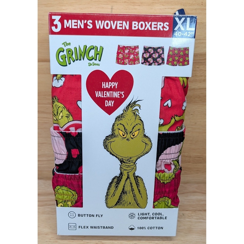 Dr Seuss The Grinch Mens Valentine's Day Woven Boxers 3 Pack XL 40-42 Cotton NEW